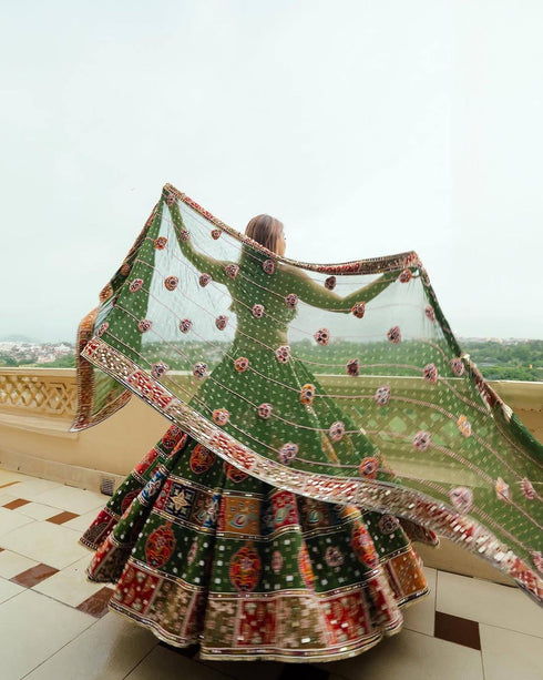 Navratri Special Muslin Mirror Work Green Lehengha Choli