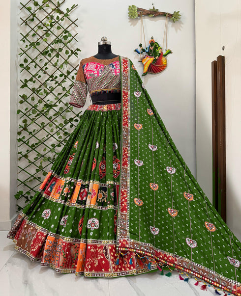 Navratri Special Muslin Mirror Work Green Lehengha Choli