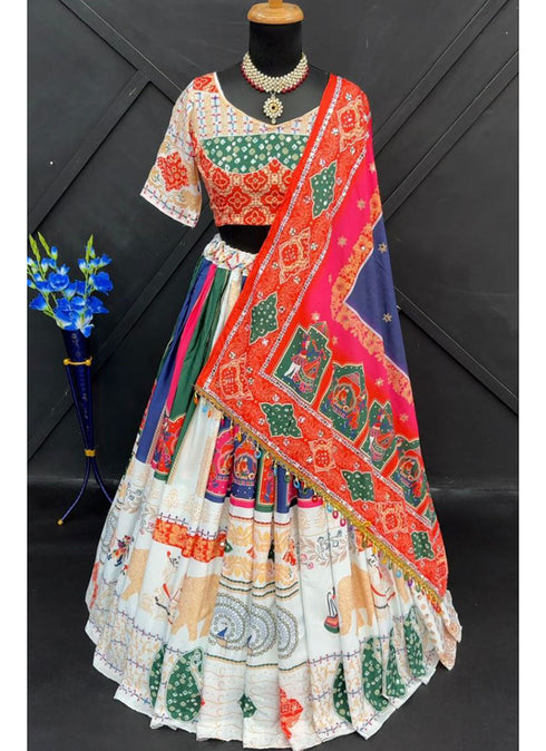 Women's White Muslin Cotton Printed Lehenga Choli