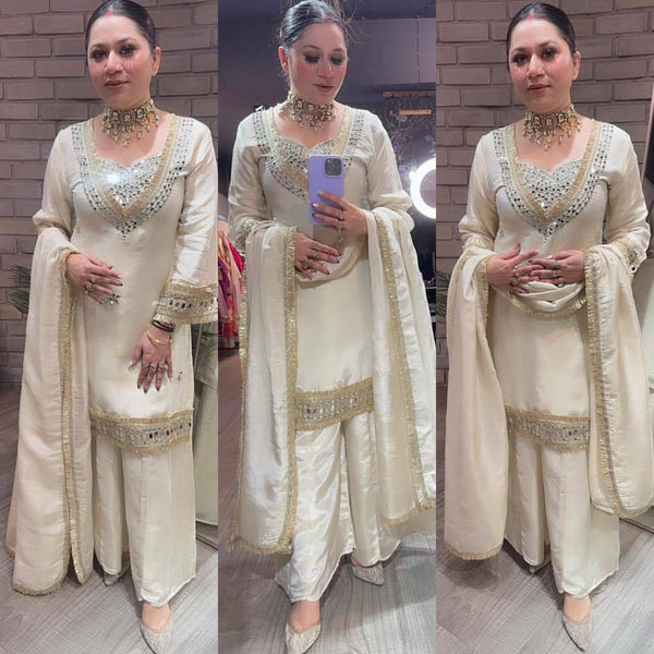 Organza embroidered cut work top with plazzo and dupatta set