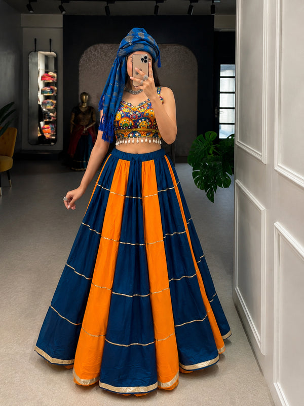 Navratri Mustard and Teal Rayon Lehenga Choli with Real Mirror Work