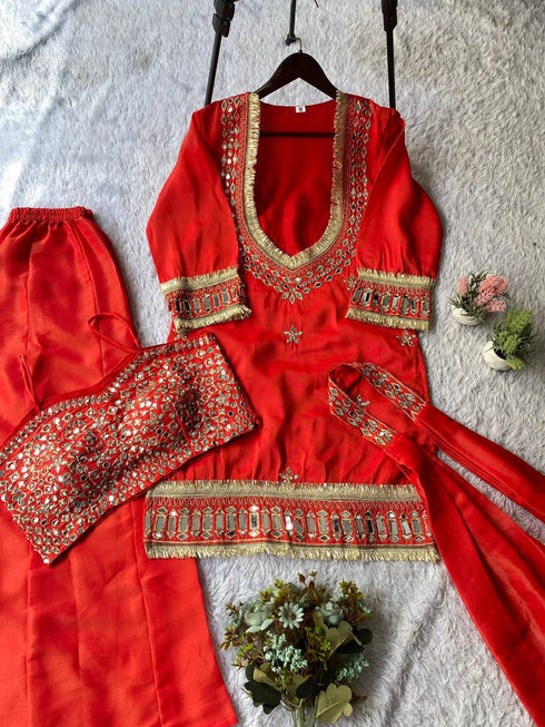 Organza Embroidered Cut Work Top with Plazzo and Dupatta