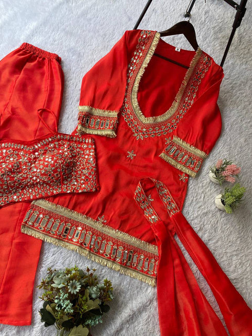 Organza Embroidered Cut Work Top with Plazzo and Dupatta