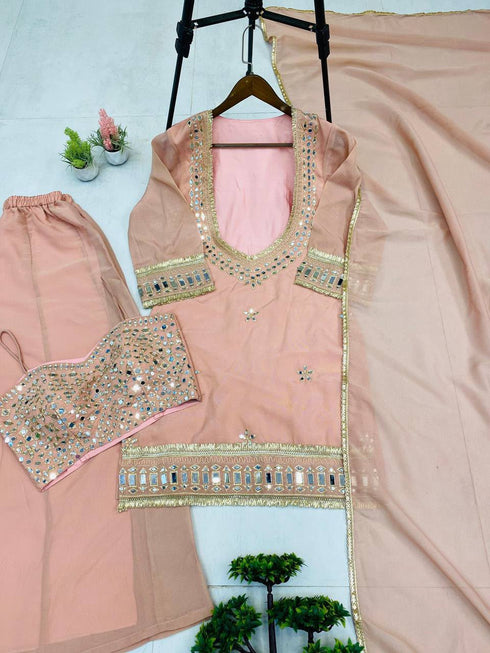 Organza Embroidered Cut Work Top with Plazzo and Dupatta