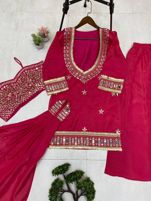 Organza Embroidered Cut Work Top with Plazzo and Dupatta