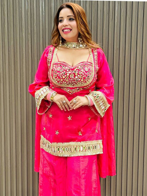 Organza Embroidered Cut Work Top with Plazzo and Dupatta