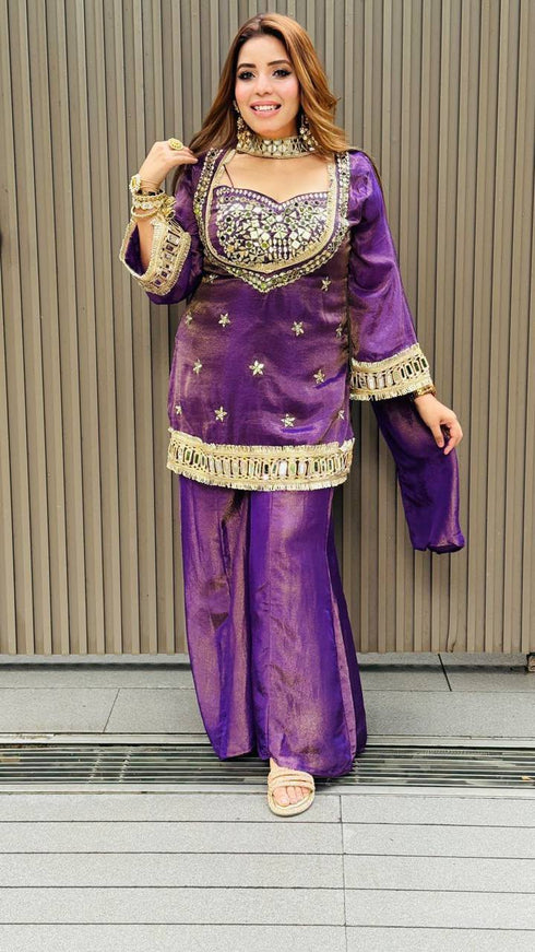 Organza Embroidered Cut Work Top with Plazzo and Dupatta