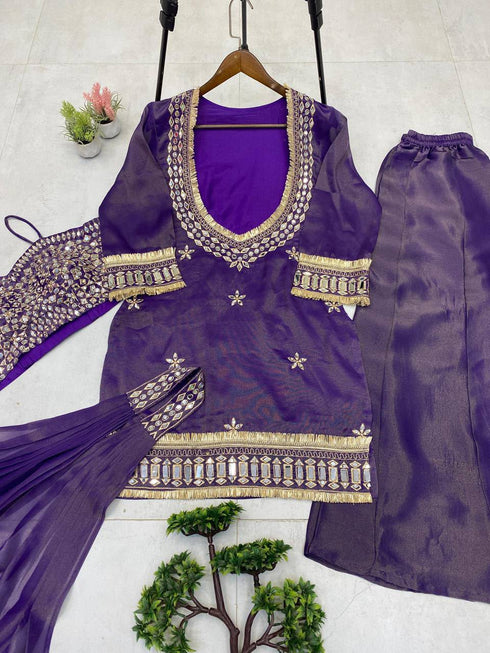 Organza Embroidered Cut Work Top with Plazzo and Dupatta