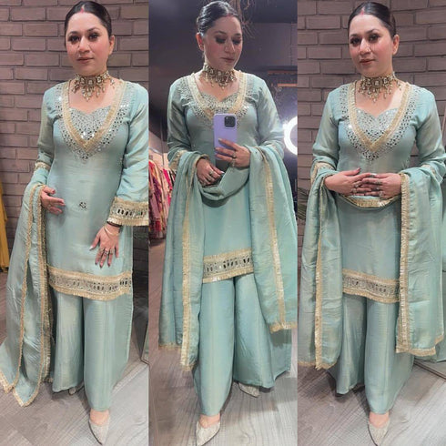 Organza ethnic set in beige, full length view