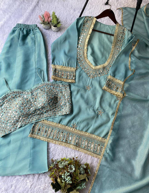 Organza ethnic set in sky blue, full length view