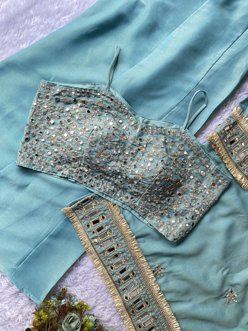 Three piece organza set with top, plazzo and dupatta
