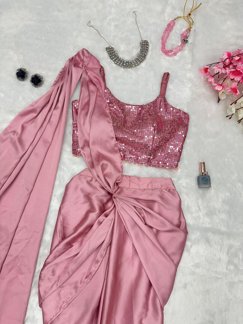 Pure Japan satin Rose gold Ready to wear saree with Sequins work Blouse
