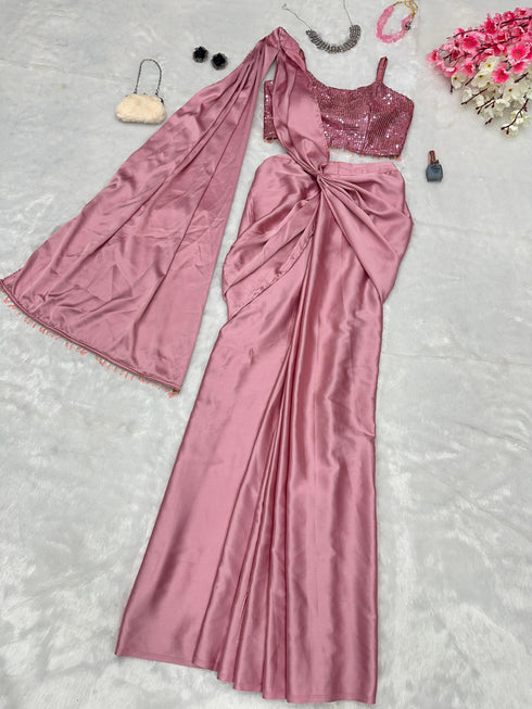 Pure Japan satin Rose gold Ready to wear saree with Sequins work Blouse