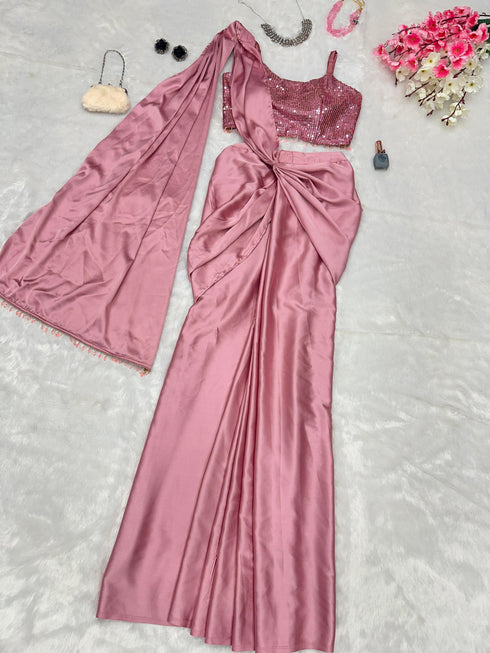 Pure Japan satin Rose gold Ready to wear saree with Sequins work Blouse