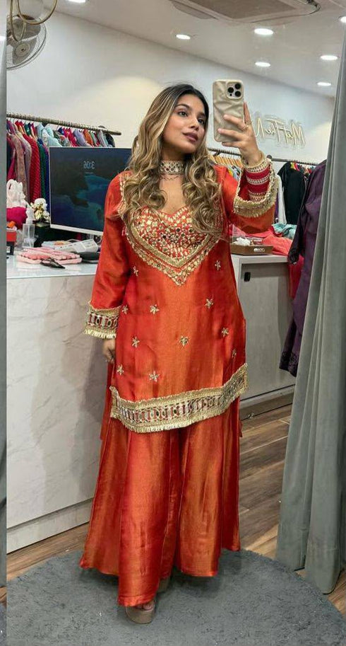 Organza Embroidered Cut Work Top with Plazzo and Dupatta