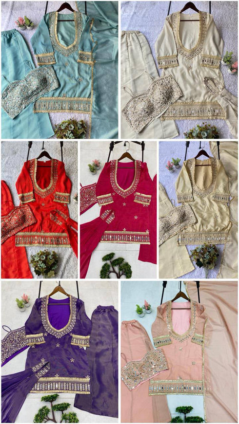 Organza Embroidered Cut Work Top with Plazzo and Dupatta