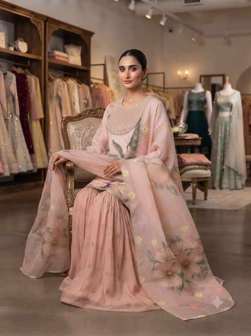 Soft organza sarara with sequence embroidery, free size