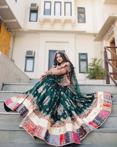 Green chaniya choli with real mirror work and 4 metre flair