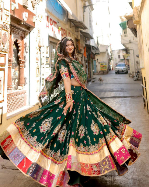 Bottle green lehenga choli with digital print