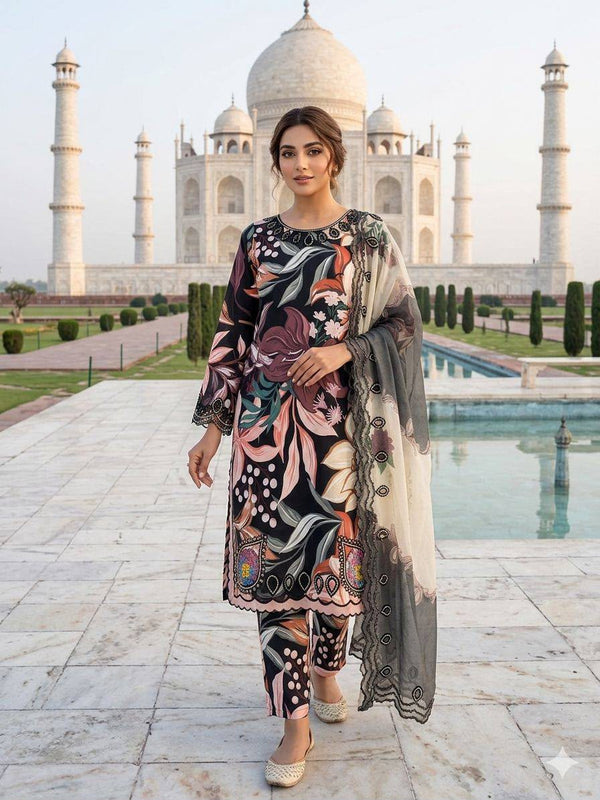 Black printed kurta set with embroidery and cut work