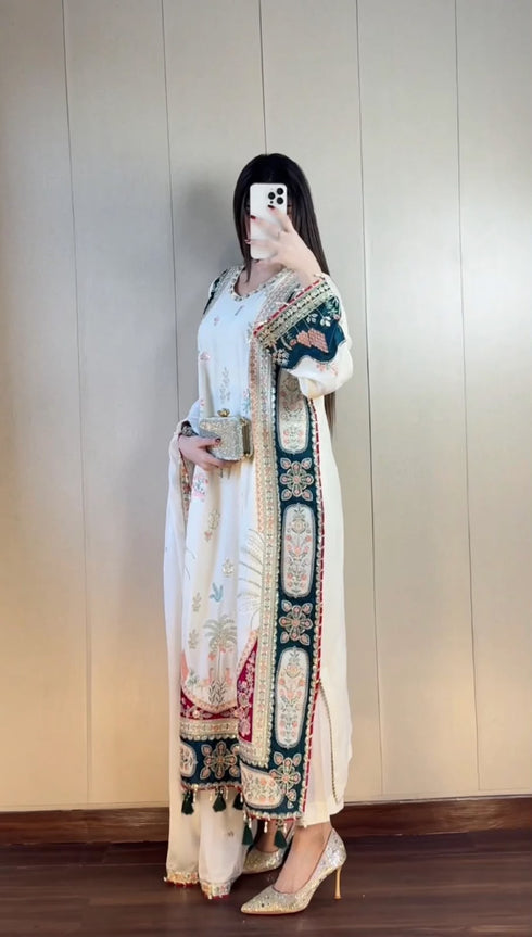 Off white kaftan set with teal and red printed panels