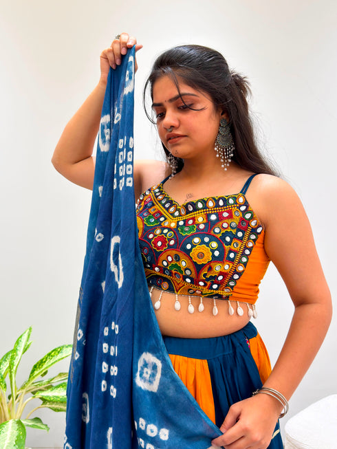 Indigo bandhani mal dupatta with mirror work choli