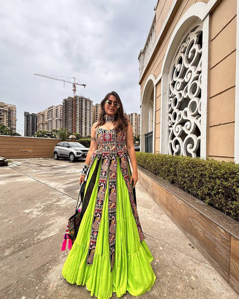 Neon green georgette ruffle Navratri lehenga choli