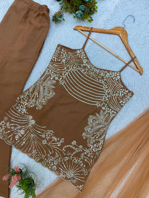 Rose gold plazzo set with net belt dupatta