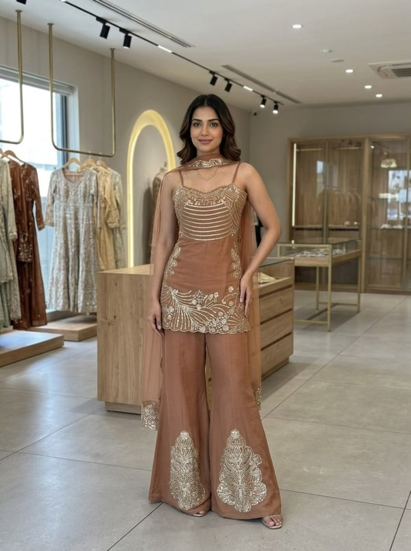 Coss moss plazzo set with butterfly net dupatta