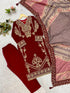 Diamond work detail on maroon kurta yoke