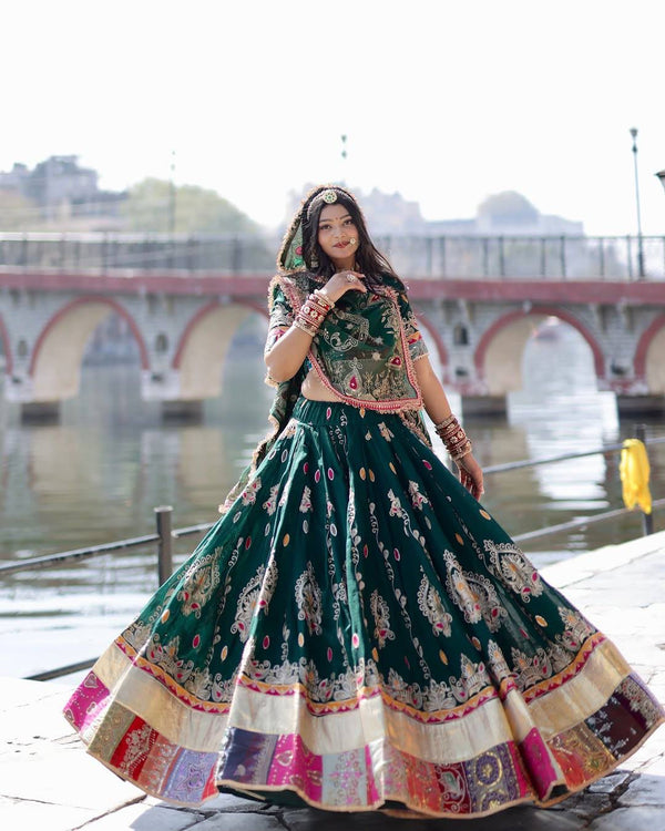 Bottle green muslin cotton Navratri chaniya choli with gota zari lace
