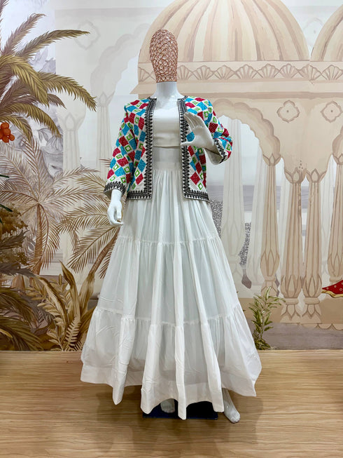 White rayon blouse and lehenga with koti