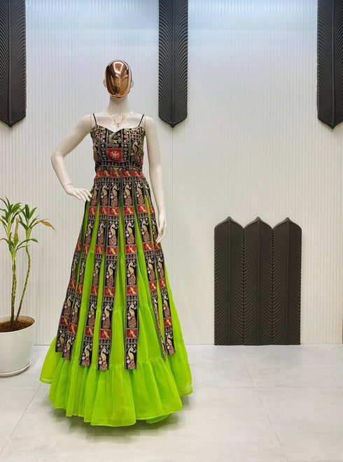Neon green ruffle lehenga with printed panels