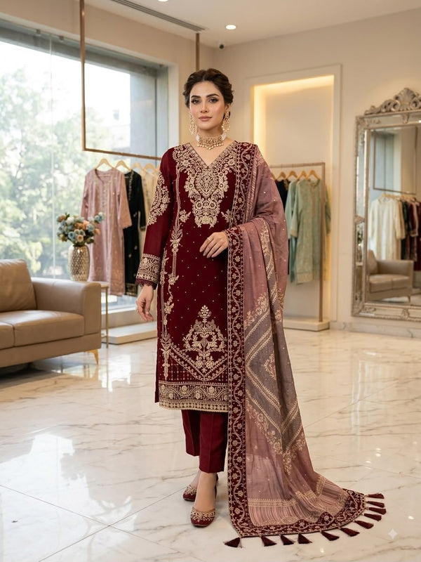 Maroon suit set with cording embroidery and diamond work