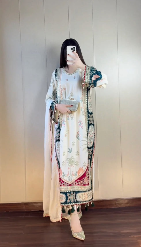 Off white star silk kaftan set with pant and dupatta