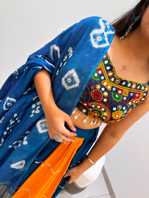 Mustard and teal kali lehenga detail with gotta patti lace