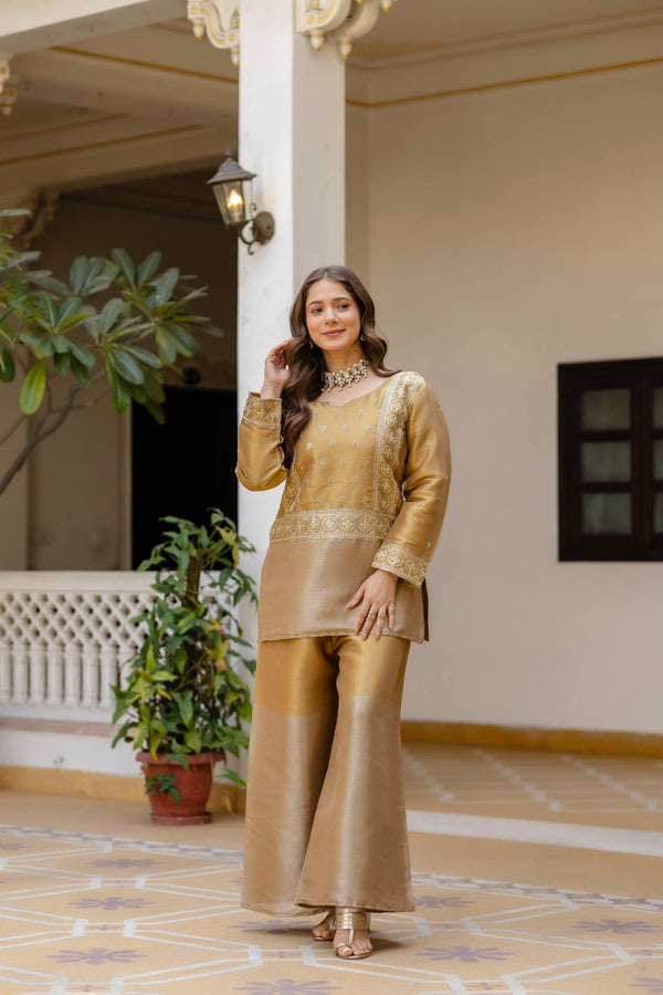 Gold Banarasi viscose co-ord set with beads embroidery