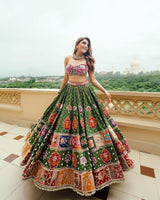 Navratri Special Muslin Mirror Work Green Lehengha Choli